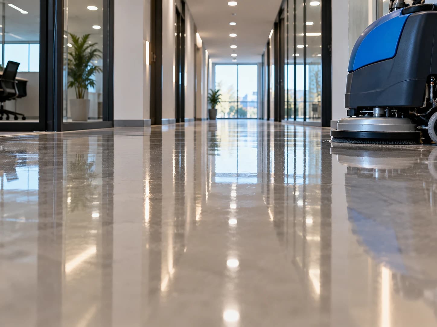 Polished hard floor after commercial floor care