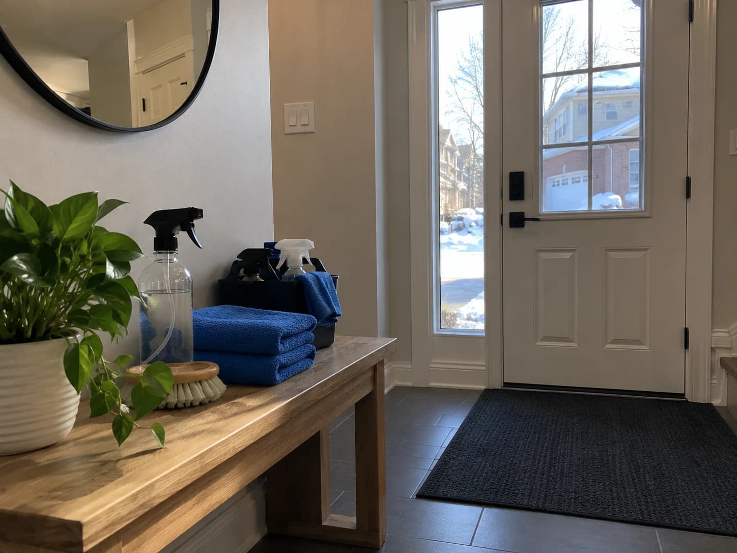 Tidy entryway with a neatly placed set of cleaning supplies
