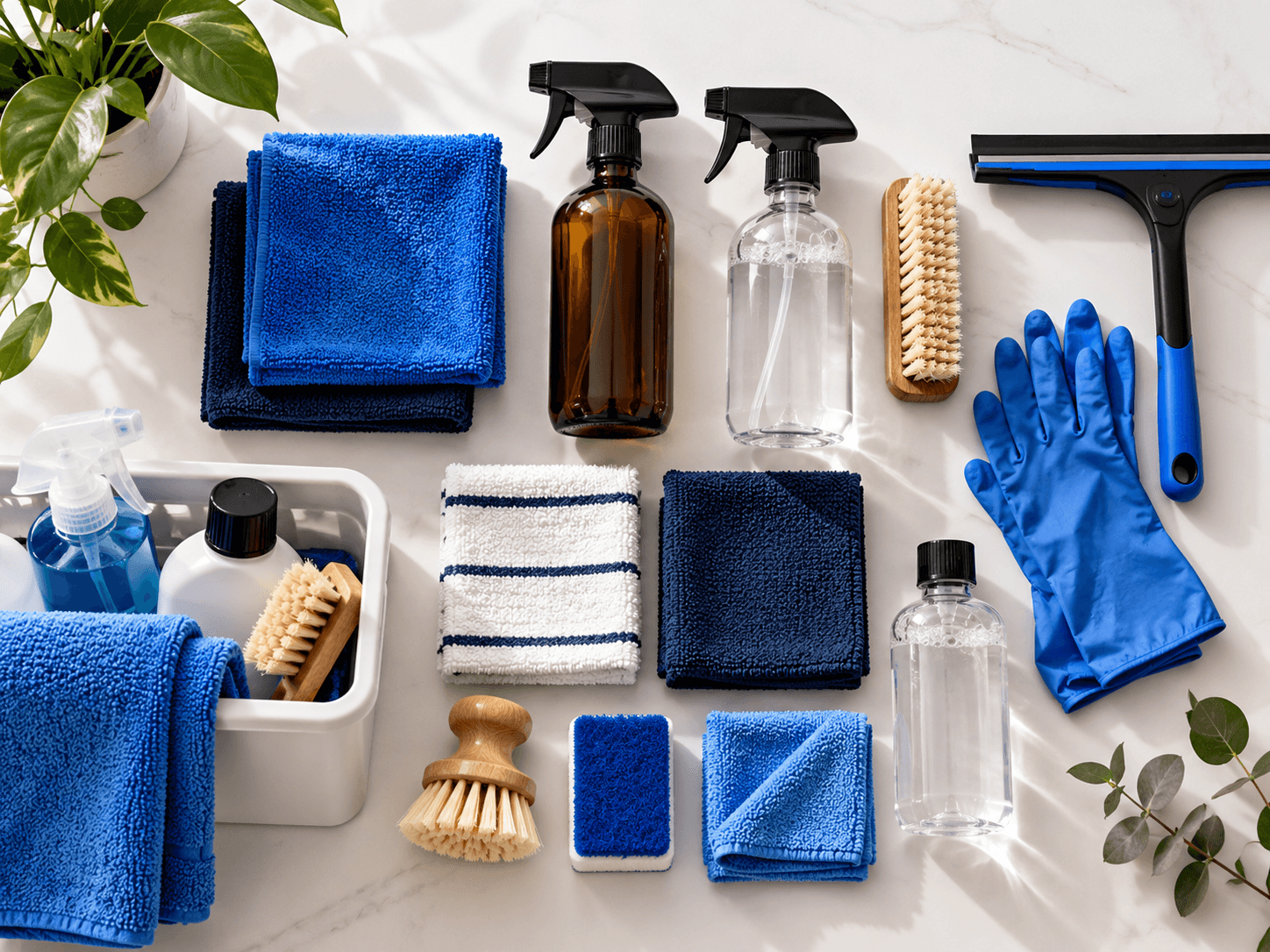 Neatly arranged cleaning supplies ready for a home visit