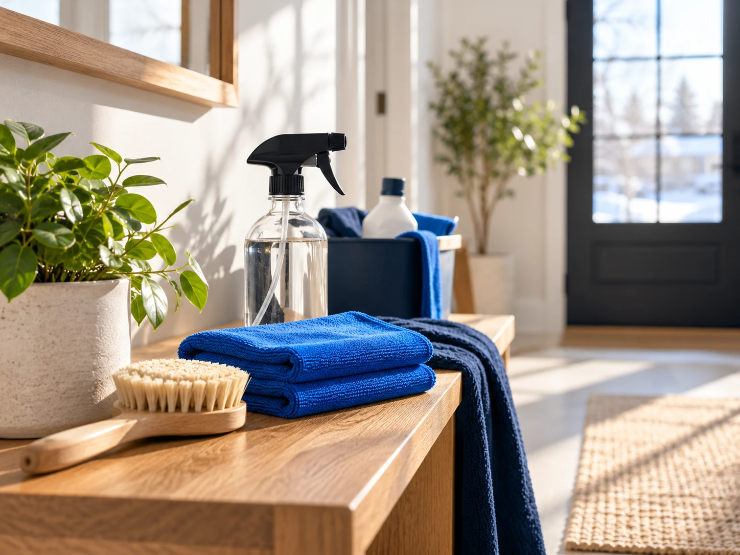 Cleaning supplies and microfibre cloths arranged in a bright entryway
